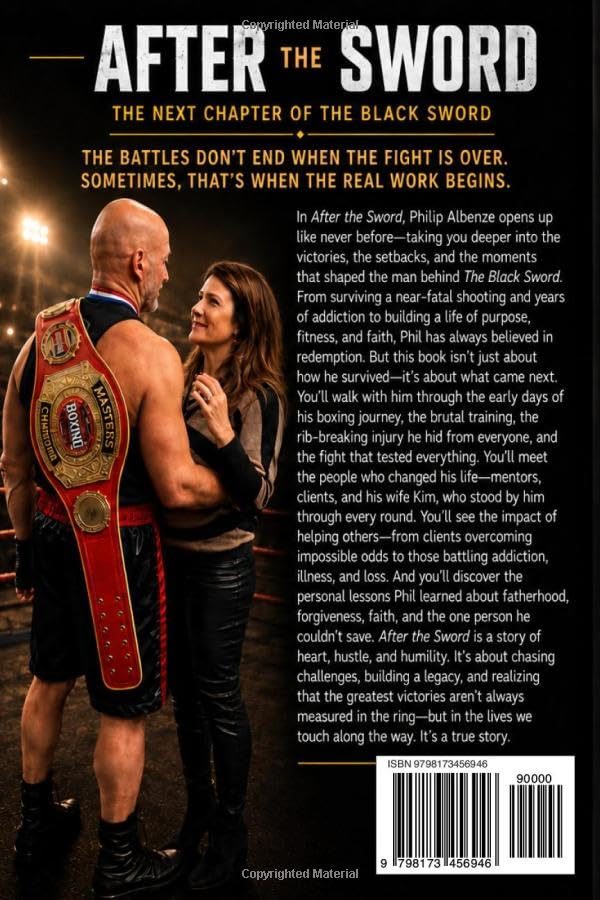 Back cover of After the Sword: Phil in boxing trunks with a red belt over his shoulder, beside his wife Kim