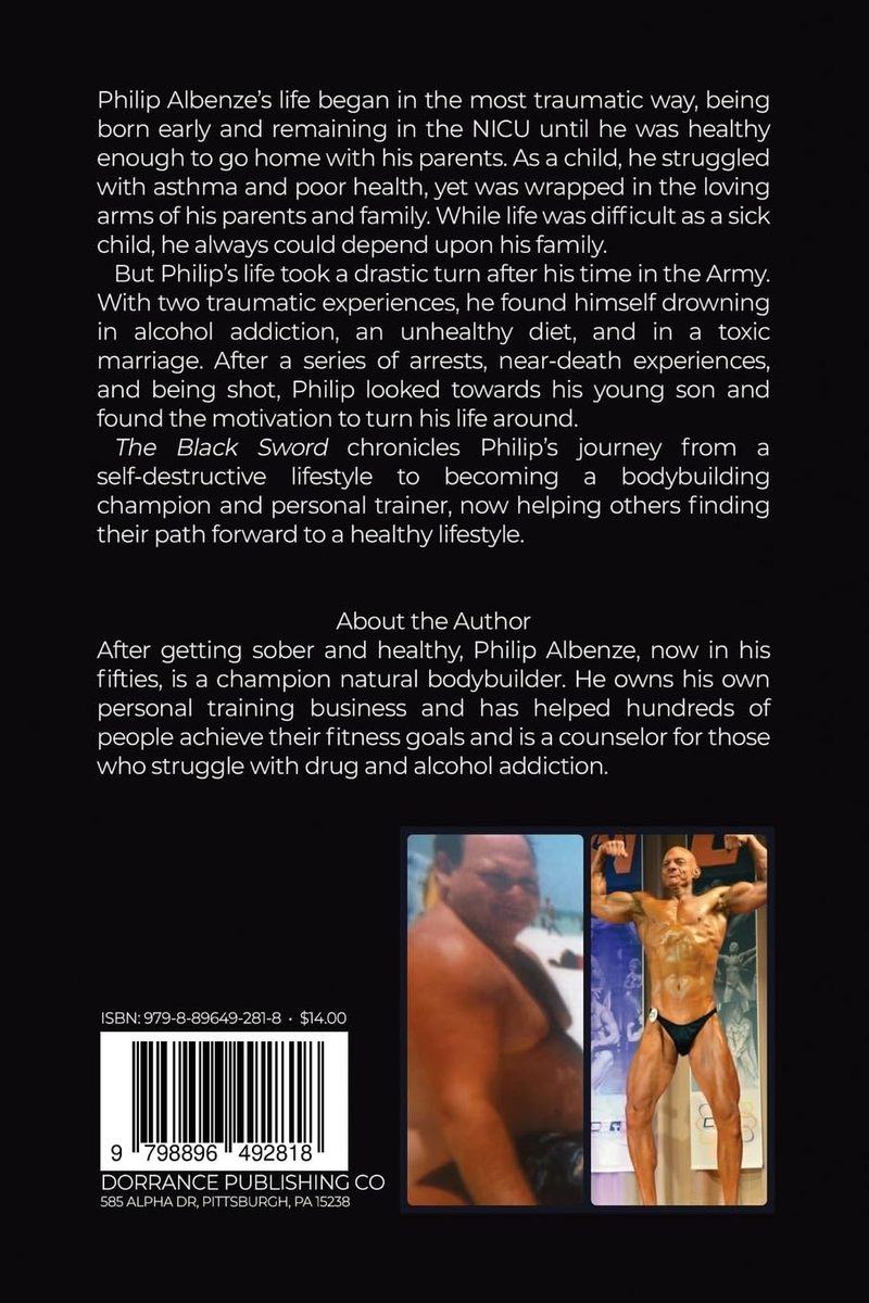 Back cover of The Black Sword with the book description and Phil's before and after photos