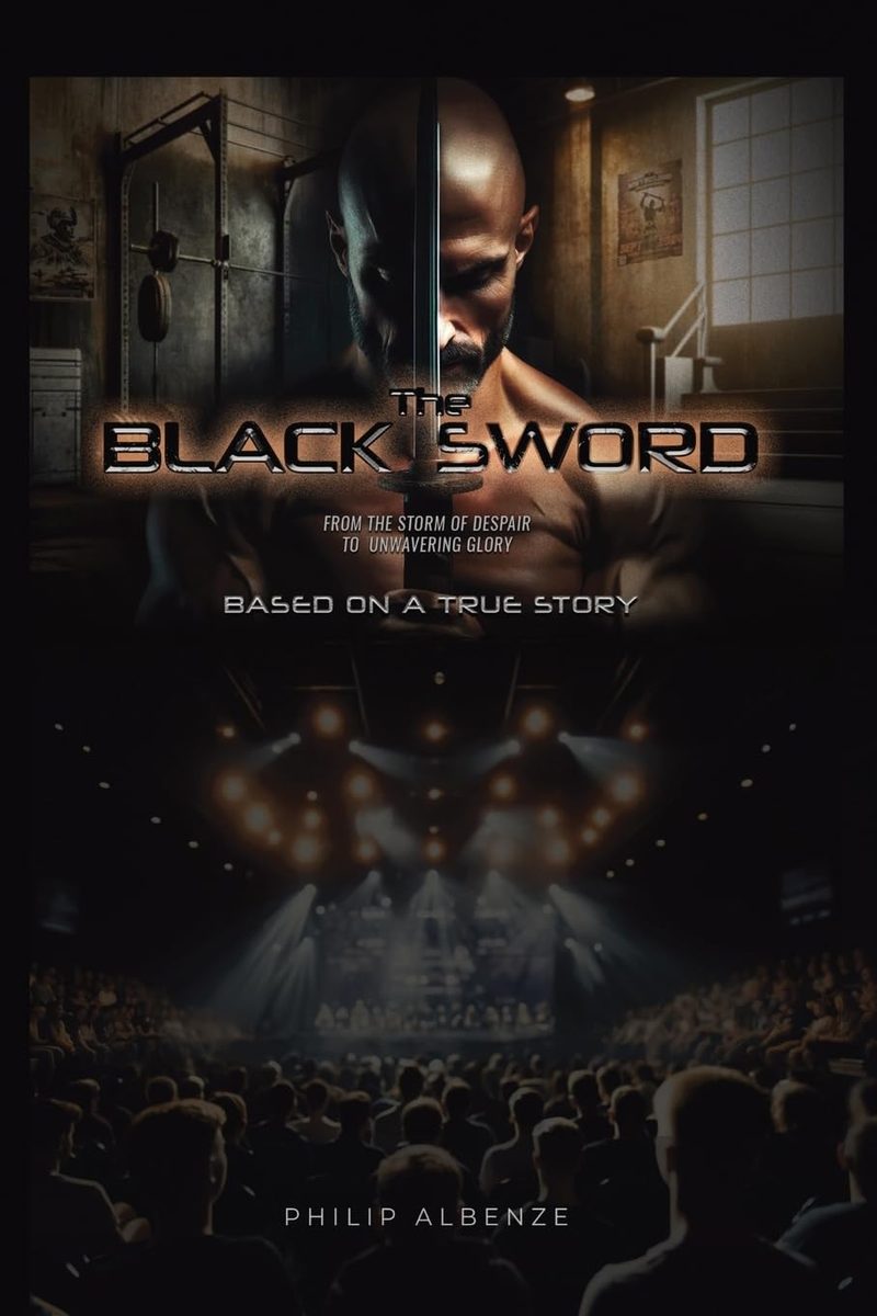 Cover of The Black Sword by Philip Albenze: a bald, bearded man behind a sword above a crowd in an arena