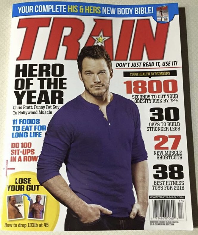 TRAIN magazine cover with Chris Pratt, and Phil's before and after photos in the corner under Lose your gut
